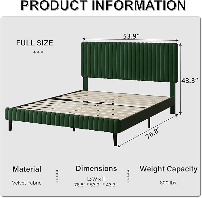Full Size Bed Frame, Velvet Upholstered Platform Bed with Vertical Channel Tufted Headboard and Footboard, No Box Spring Required, Easy Assembly, Green-Ruum Studio Home