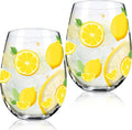 Sliner 2 Pack Lemon Stemless Wine Glasses 17oz Lemon Drinking Glasses Clear Stemless Wine Tumbler Unique Gift for Wedding, Mother's Day Birthday Drinking Party-Ruum Studio Home