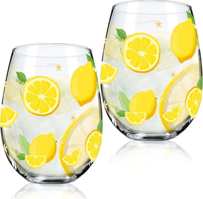 Sliner 2 Pack Lemon Stemless Wine Glasses 17oz Lemon Drinking Glasses Clear Stemless Wine Tumbler Unique Gift for Wedding, Mother's Day Birthday Drinking Party-Ruum Studio Home