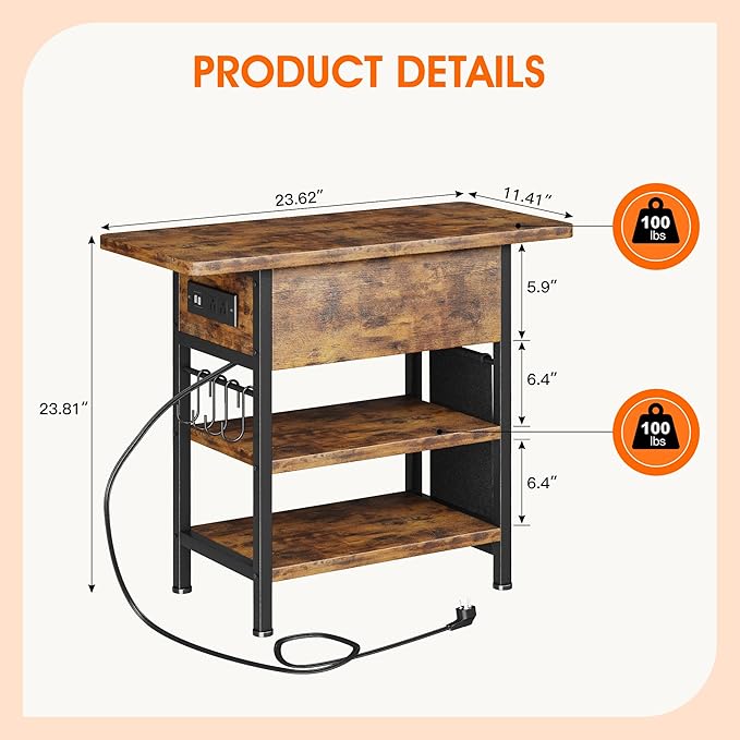 End Table with Charging Station, Flip Top Nightstand with USB Ports and Outlets, Couch Side Table with Fabric Bag and Hooks, Bedside Table for Space Saving, Living Room, Bedroom (Rustic Brown)-Ruum Studio Home