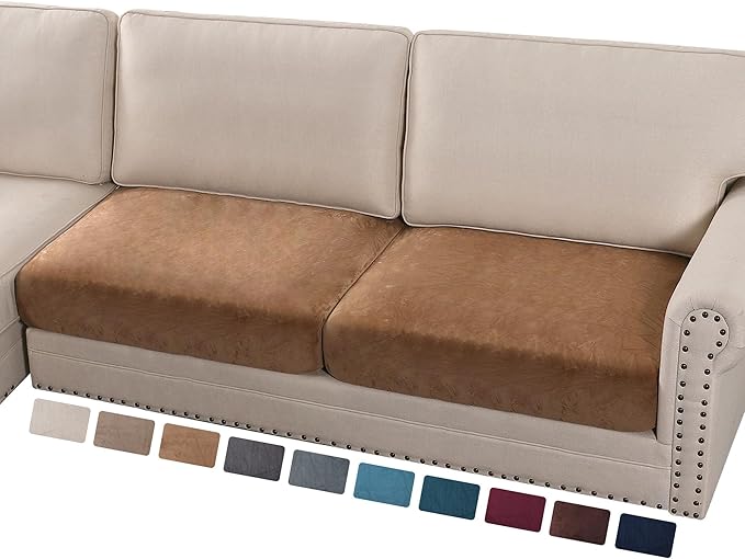PrinceDeco Velvet Couch Cushion Cover Soft Stretch Cushion Slipcover for Chair Loveseat Sofa Cushion Furniture Protector Seat Cushion Sofa Cover (2 Piece Large Sofa Cushion Covers, Camel)-Ruum Studio Home