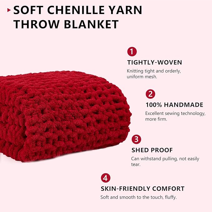 L'AGRATY Chunky Knit Blanket Throw: 80''x90'' Chenille Chunky Knitted Throw Blanket for Bed Couch - Handmade Thick Big Cable Knit Blanket - Large Chunky Crochet Rope Blanket for Home Decor(Red)-Ruum Studio Home