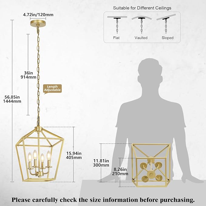 4 Light Gold Chandelier, Industrial Ceiling Light Lantern Light Fixtures with Farmhouse Metal Cage Adjustable Height Rustic Geometric Hanging Light E12 Base for Kitchen Island, Entryway, Indoor-Ruum Studio Home