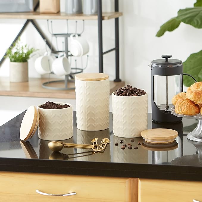 DII Kitchen Accessories Collection, Textured Matte Ceramic Canister Set, Antique White, Vine, 3 Piece-Ruum Studio Home