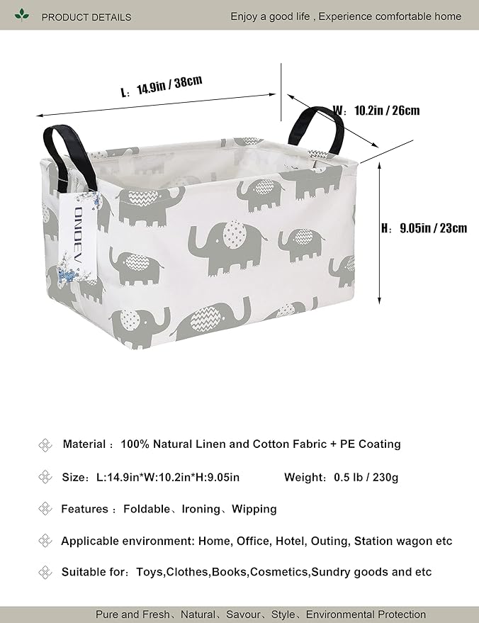 Rectangular Folding Laundry Basket, waterproof Canvas Basket,gift basket,Suitable for children's room,Office,Clothes,Toys Storage (Grey Elephant)-Ruum Studio Home