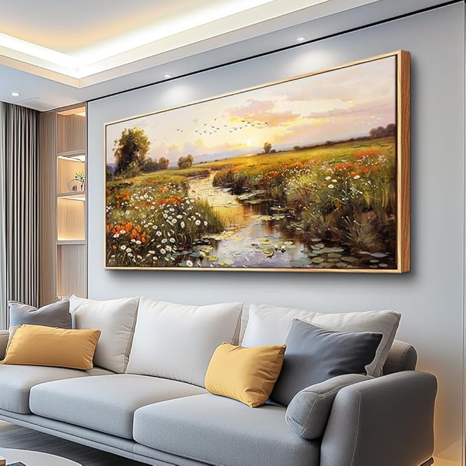 PHAOHUAXM Large Canvas Wall Art For Living Room Wall Decor For Bedroom Watercolour Painting Office Decoration Countryside Sunrise Scenery Wall Picture Home Decor Ready To Hang 30x60 In Wood Framed-Ruum Studio Home