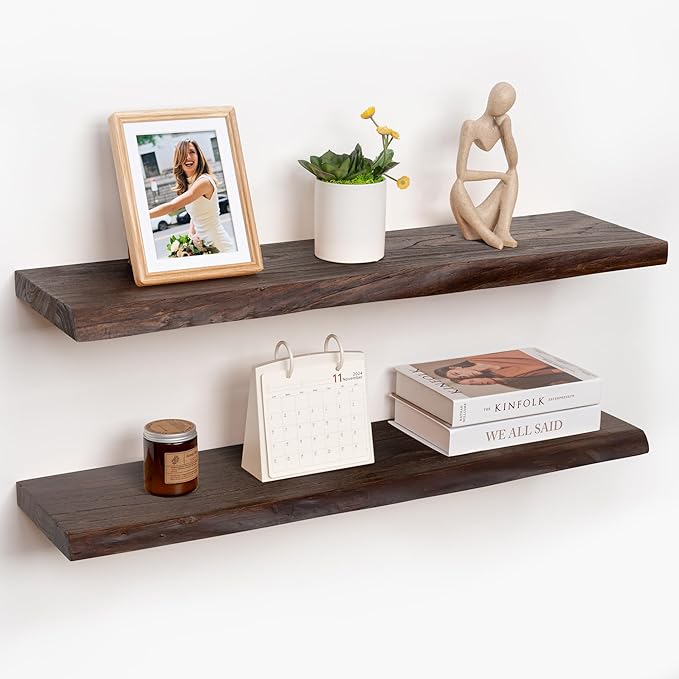 RICHFOCUS Live Edge Elm Floating Shelves - 36" W x 9.3" D Rustic Solid Wood Wall Shelves with Invisible Bracket, Wall-Mounted for Living Room, Bedroom, Kitchen Storage & Display, Set of 2, Walnut-Ruum Studio Home