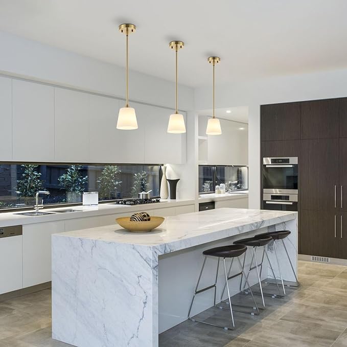 Modern Gold Pendant Light 3 Pack Brushed Brass Mid Century Chandelier White Cylinder Glass Shades Adjustable Rods Farmhouse Ceiling Hanging Lighting Fixture Kitchen Island Dining Room Bedroom-Ruum Studio Home