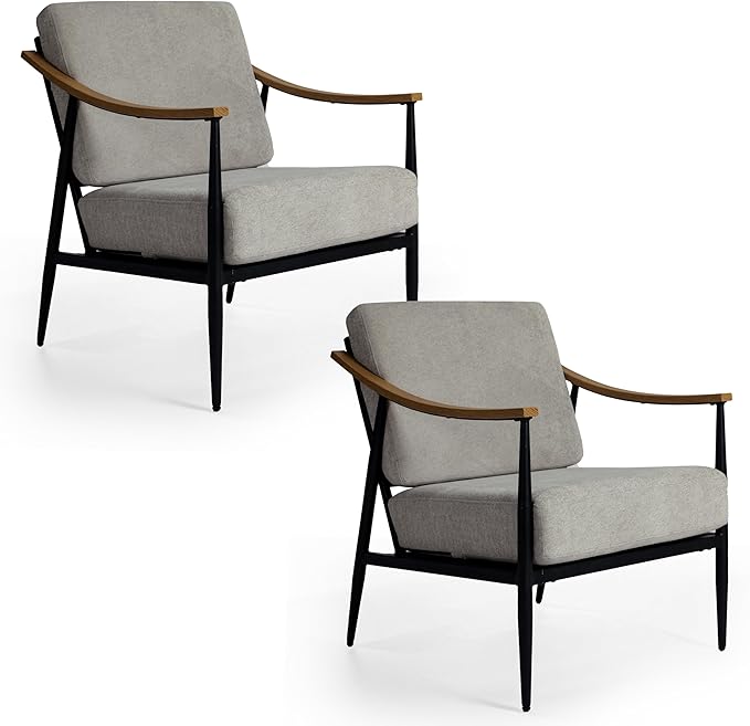 Modern Accent Chairs Set of 2 for Living Room Bedroom Mid Century Arm Chairs Upholstered Office Accent Chairs Comfy Waiting Room Chairs with Metal Frame, Grey-Ruum Studio Home