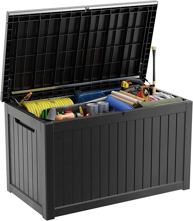 XXL 230 Gallon Large Resin Deck Box, Lockable Outdoor Storage Box for Patio Cushions Storage Furniture,Garden Tools, Pool Supplies, Weatherproof and UV Resistant- Black (230 Gallon)-Ruum Studio Home
