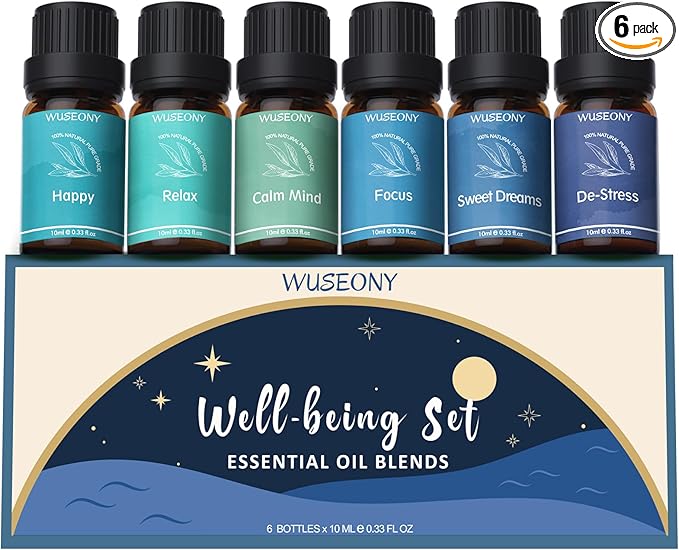 Well-Being Essential Blends Oils Set, Aromatherapy Oils Gift Set for Diffusers Home, Fragrance Oil Scent for Candle Soap Making - Happy, Calm Mind, De-Stress, Relax, Focus, Sweet Dreams-Ruum Studio Home