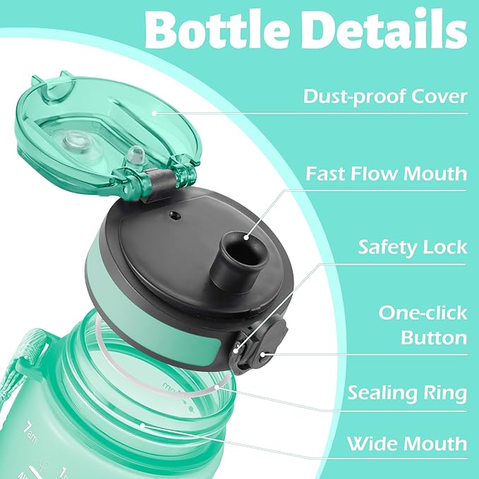 OLDLEY 25 oz Motivational Water Bottle, Sports Water Bottle with Strap, Leakproof BPA Free Large Water Bottles for School, Gym, Travel, Outdoor, Tritan, Green&Pink-Ruum Studio Home