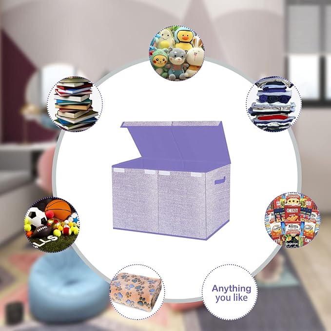 Toy Storage Bins,Large Toy Box Chest with Lids,Foldable Stuffed Animal Toy Organizers and Storage with Sturdy Handles for Kids,Girls,Boys,Nursery,Playroom 24.5"x13"x16" (Purple)-Ruum Studio Home