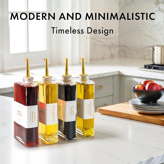 Glass Olive Oil Dispenser Bottle Set [4x12oz]: 36 Premium Gold Labels, Oil Dispenser for kitchen, Vinegar Bottle Set, Glass Dispensers for Soy Sauce, Syrup Bottles | Set of 4-Ruum Studio Home