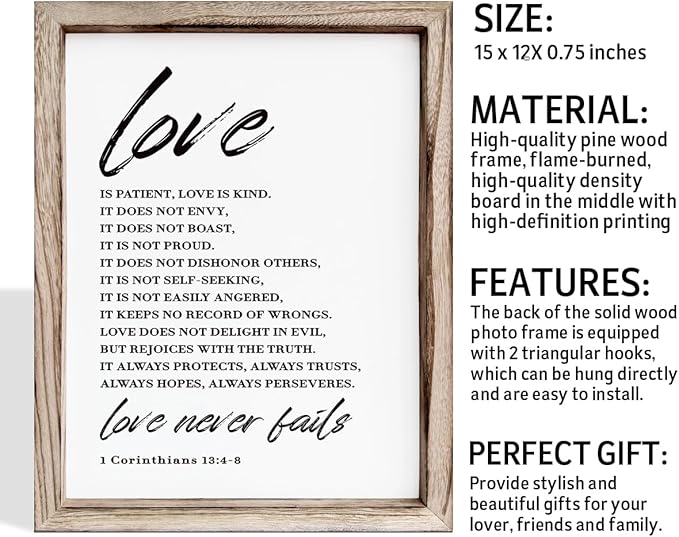 Love Wood Signs, Christian Wooden Wall Sign, Master Bedroom Signs, Inspirational Christian Gift, Home Decor, Framed Wall Plaque Sign 15 * 11.5 inches, Love is the Patient-Ruum Studio Home