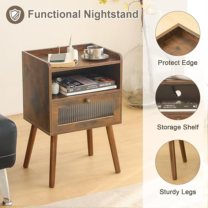 AWASEN Mid Century Night Stand with Charging Station, Wood Bedside Table with Glass Drawer, Small Modern Nightstand End Side Table with 2 Tiers Storage for Bedroom, Office(Rustic Brown)-Ruum Studio Home