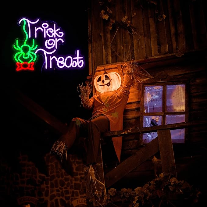 Trick Or Treat Neon Sign Funny Spider Candy LED Neon Light for Wall Decor Dimmable USB Halloween Light Up Sign for Halloween Party Home Neon Decor (16.7 * 12.8In)-Ruum Studio Home