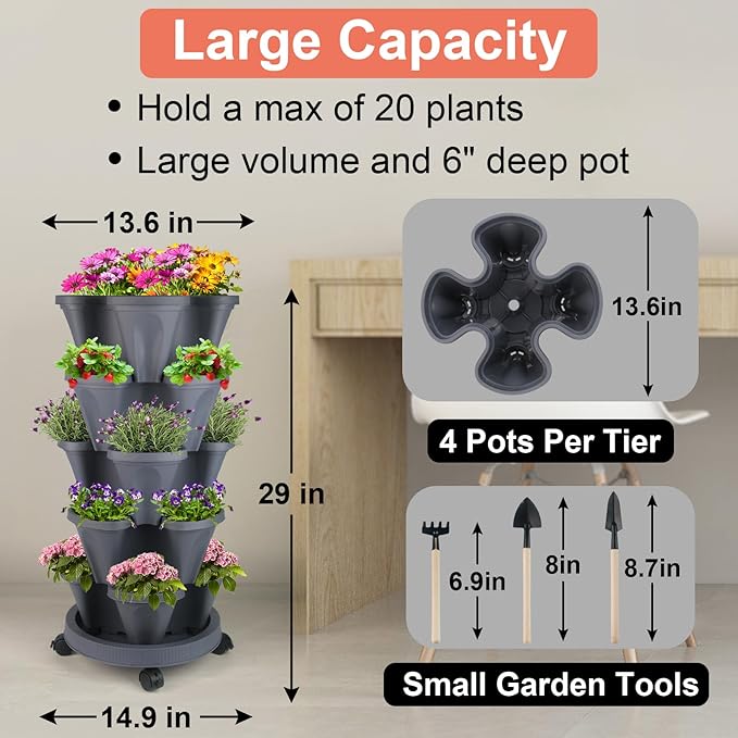 Vertical Planter 5 Tier Stackable Planters Garden Planters Strawberry Herb Flower and Vegetable Planter Indoor Outdoor Gardening Pots with Removable Wheels and Tools-Ruum Studio Home