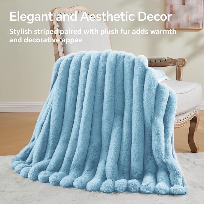 BEDELITE Faux Rabbit Fur Blanket, Luxurious 3D Striped Spring Blanket for Decor & Gift, Soft and Warm Plush Fluffy Faux Fur Throw Blanket All Seasons Suitable, (Light Blue, 50"x 60")-Ruum Studio Home