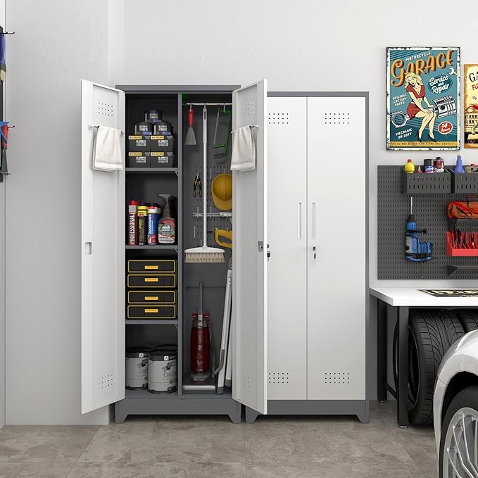 Locking Cabinet,Metal Storage Cabinet with Doors and Shelves,Broom Closet Storage Cabinets for Bedroom,Home Office,Grey-White-Ruum Studio Home