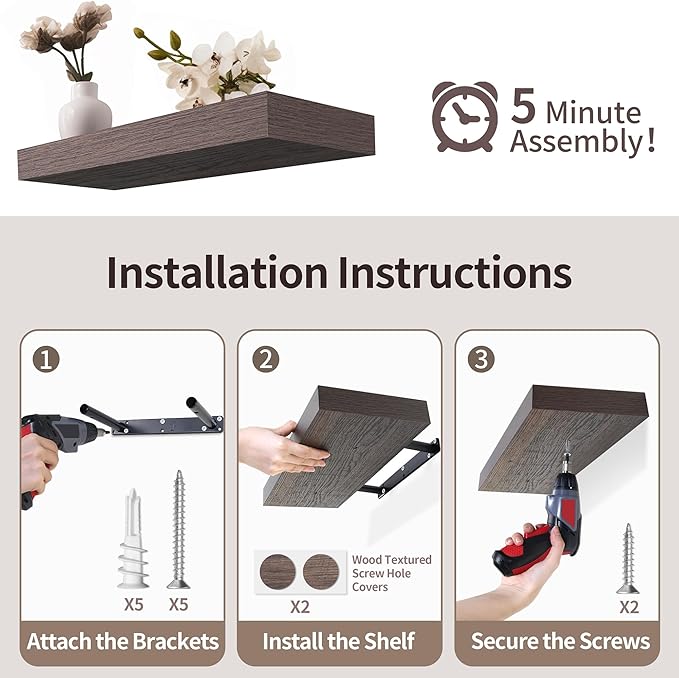 LaVie Home Floating Shelves, 24 Inch Wall Shelf Set of 2, Hanging Shelf with Invisible Brackets, Wall Decor for Bathroom, Bedroom, Living Room, Kitchen Storage, Rustic Brown-Ruum Studio Home