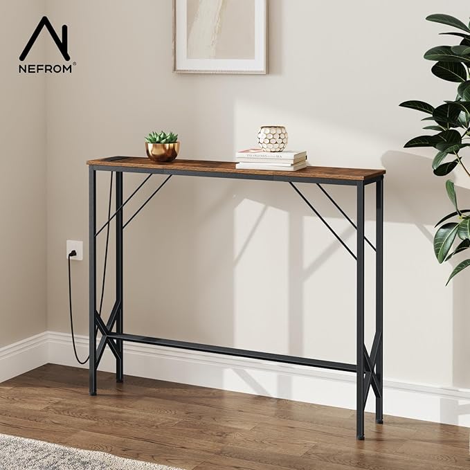 39.4" Console Table, Skinny Entryway Table with Fast-Charging Station, Narrow Long Sofa Table, Behind Slim Couch Table for Entrance, Hallway, Living Room Decor ST-BR100-1-Ruum Studio Home