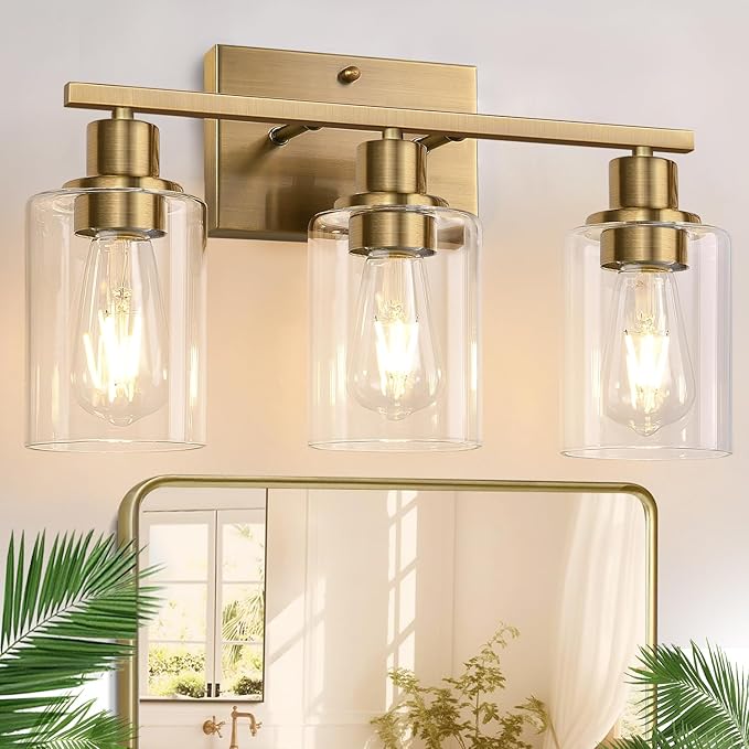 3 Light Bathroom Light Fixtures, Brass Vanity Lights for Bathroom with Clear Glass Shades, Modern Bathroom Wall Sconces for Mirror Living Room Cabinet-Ruum Studio Home