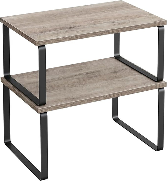 SONGMICS Cabinet Organizer Shelf, Set of 2 Kitchen Counter Shelves, Kitchen Storage, Spice Rack, Stackable, Expandable, Metal and Engineered Wood, Ink Black and Heather Greige UKCS020X02-Ruum Studio Home