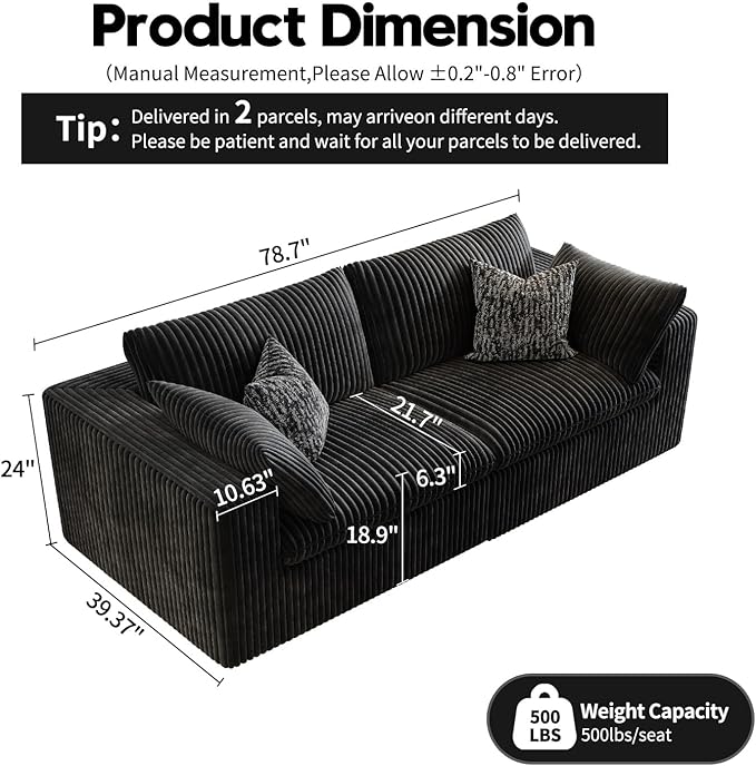 LoveSeat Cloud Couch Modular Sectional Sofa for Living Room,Modern Sofa with Deep Seat，2 Seater Boneless Couch,Comfy Upholstered Corduroy Couches for Apartment, Studio, Office,Bedroom，Black-Ruum Studio Home