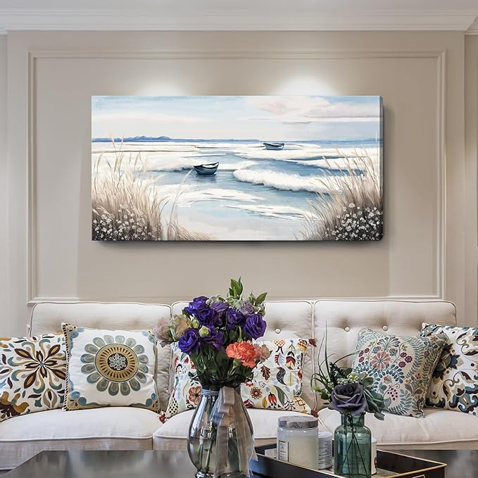 amatop Large Canvas Art Wall Decor for Bedroom Living Room –Rustic Coastal Ocean Artwork for Walls with Sailboat and Waves – Blue and White Nautical Beach Seascape Canvas Print 48x24 Inch-Ruum Studio Home