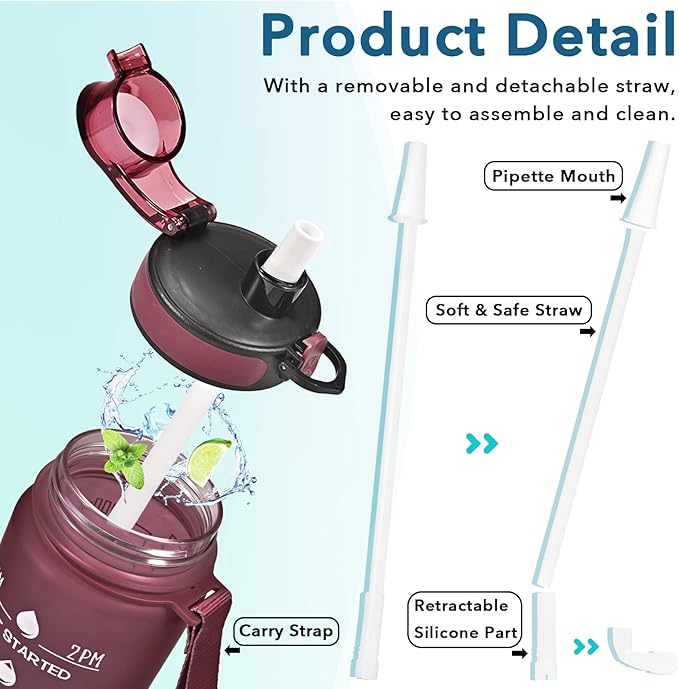 Enerbone Water Bottle, Leakproof BPA & Toxic Free, Motivational Water Bottle with Times to Drink and Straw, Fitness Sports Water Bottle with Strap for Office, Gym, Outdoor Sports-Ruum Studio Home