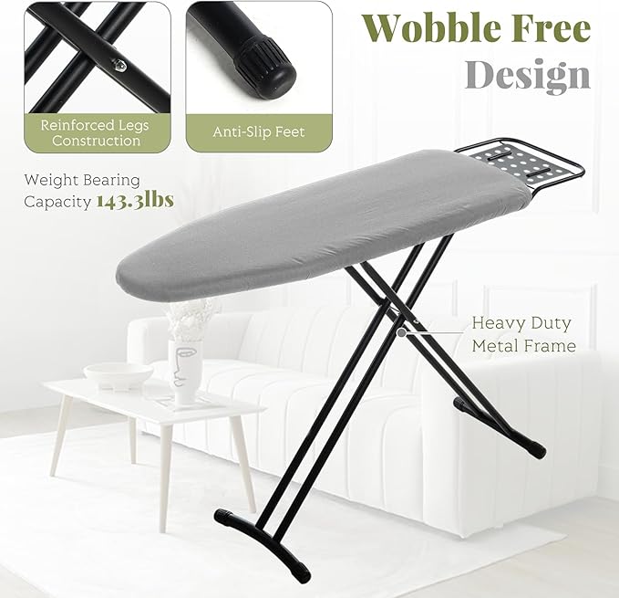 Ironing Board Full Size, RAINHOL 43"x13" Heavy Duty Compact Ironing Board with Iron Rest, Height Adjustable Sturdy Iron Stand, Grey Cover with Extra Thick Padding-Ruum Studio Home