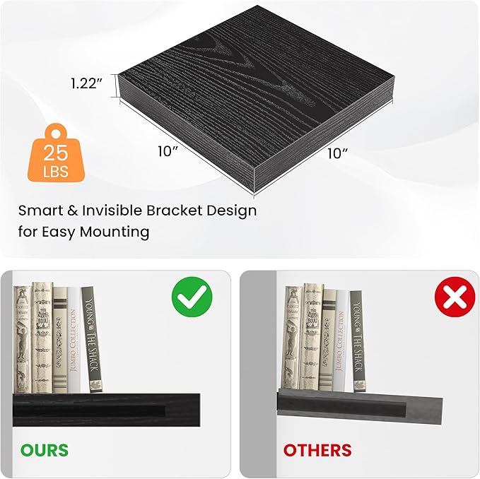 Square Floating Shelves for Wall, 10" W x 10" D x 1.2" H, Small Wooden Wall Mounted Display Shelves with Invisible Brackets for Living Room, Bedroom, Bathroom, Kitchen Decor, Set of 4, Black-Ruum Studio Home