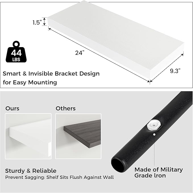 Floating Shelves - 2 Large Wall Mounted Shelves with Invisible Brackets, Long Wood Floating Wall Shelf for Living Room, Bedroom, Kitchen (White, 24" W x 9" D x 1.5" H)-Ruum Studio Home