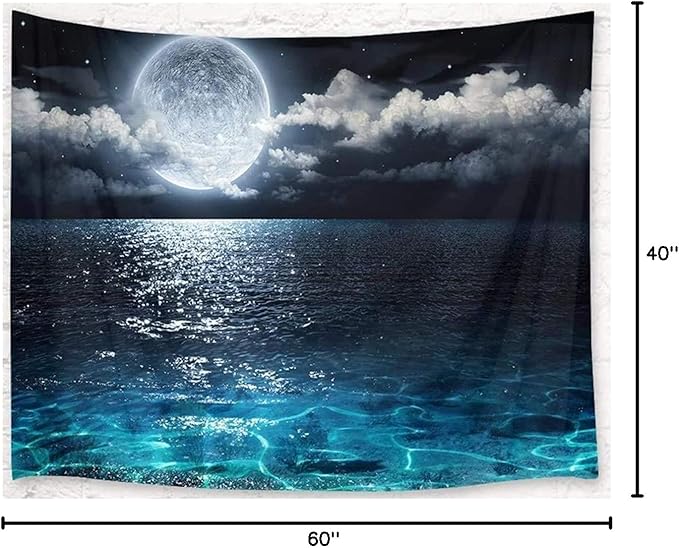 LB Moon Over Ocean Tapestry, Night Sky Tapestry Wall Hanging, 3D Fantasy Psychedelic Watercolor Wall Art for Bedroom Living Room Dorm Home Decor, 60 x 40 Inches-Ruum Studio Home