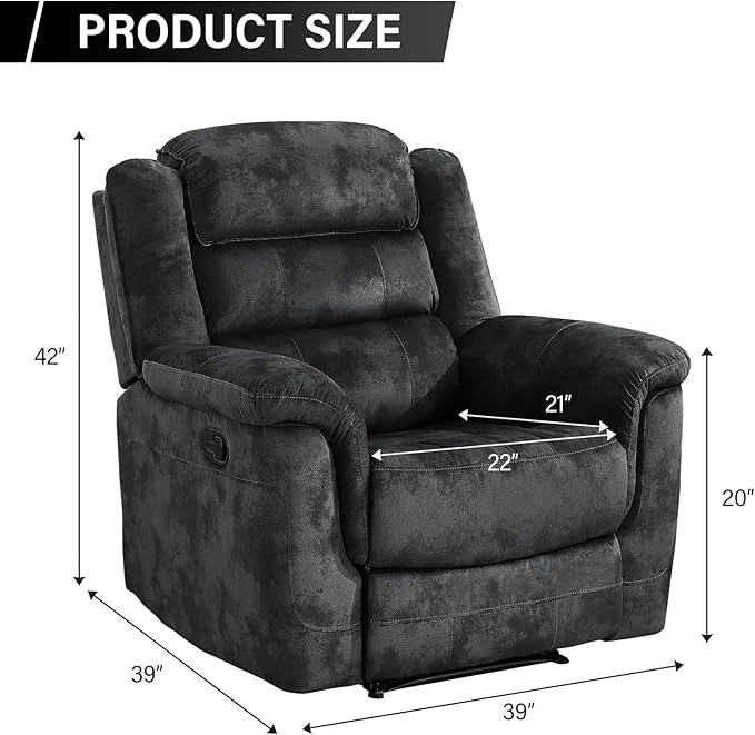 EBELLO Manual Recliner Chair, Soft Fabric Recliner Sofa with Overstuffed Armrest and Backrest for Living Room, Bedroom, Grey-Ruum Studio Home