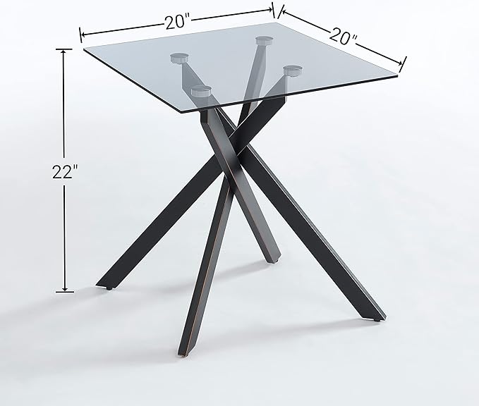 Modern Style Square Side Table with Grey Tempered Glass Top and Black Metal Tubular Legs with Gold Rim 20”Dx20”Wx22”H-Ruum Studio Home