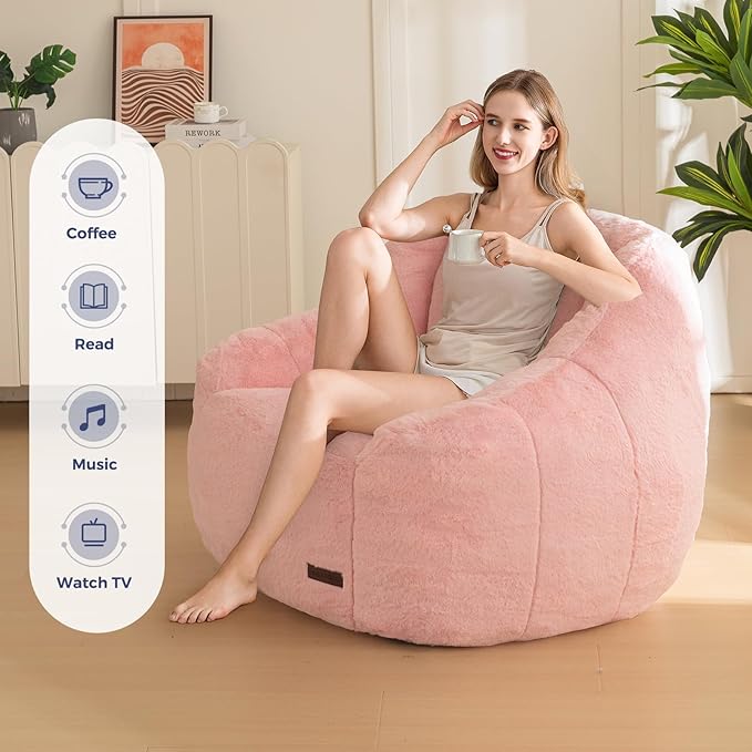 MAXYOYO Bean Bag Chair, Comfy Bean Bag Sofa with Back Support, Faux Fur Bean Bag Chair for Adults and Kids, Stuffed Floor Sofa for Living Room, Bedroom, Apartment, Pink-Ruum Studio Home