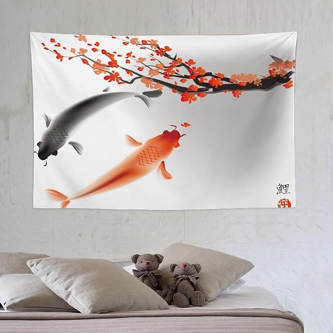 Japanese Koi Fish Tapestry, Cherry Blossoms Asian Oriental Flower Branch Koi Fish Carp Tapestries Wall Hanging for Bedroom Living Room Office Decor 60"x40"-Ruum Studio Home