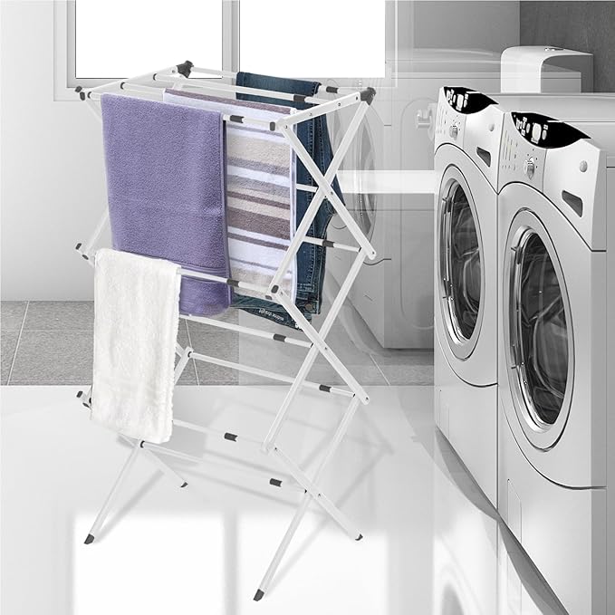 BLACK+DECKER 3 Tier Expandable Collapsing Foldable Laundry Rack for Air Drying Clothing, Space Saving Heavy Duty Lightweight Metal Drying Rack(White)-Ruum Studio Home