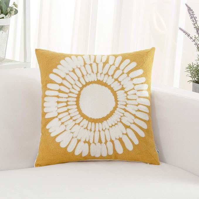 HWY 50 Mustard Yellow Decorative Throw Pillow Covers 18x18 Inch, Pack of 2 Embroidered Cotton Farmhouse Cushion Cover Pillow Case for Sofa Couch Living Room Bed Bedroon, Sunflower Design-Ruum Studio Home