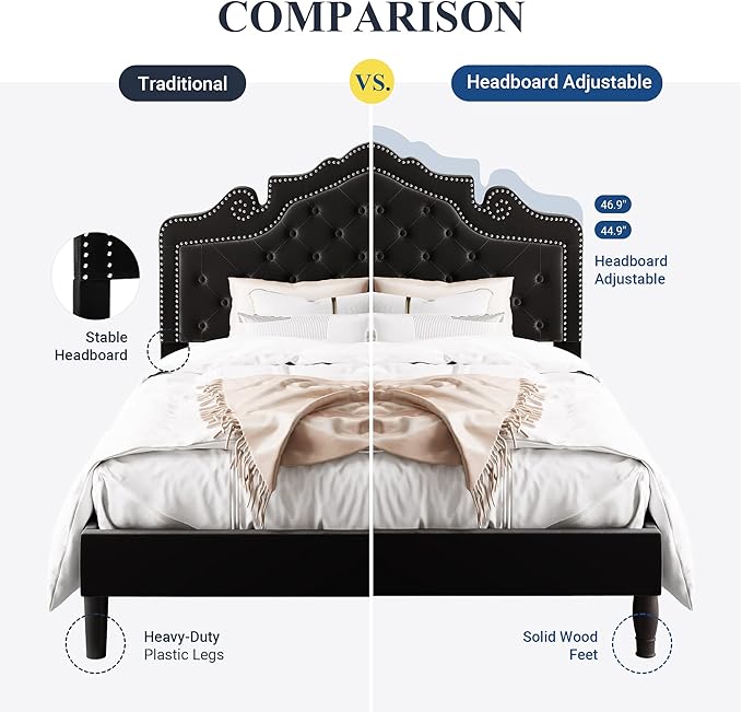 Allewie Queen Velvet Bed Frame with Adjustable Headboard, Wooden Slats, No Box Spring Needed, Easy Assembly, Black-Ruum Studio Home