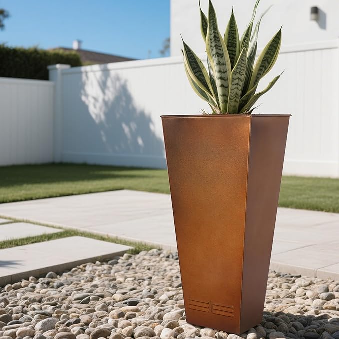 Worth Garden 28" H. Large Metal Planter Set of 2, Classic Matte Bronze Retro Finish Tall Square Tapered Steel Flower Plant Pots for Indoor & Outdoor Use - Insert Plate with Drain Holes, Air Vents-Ruum Studio Home