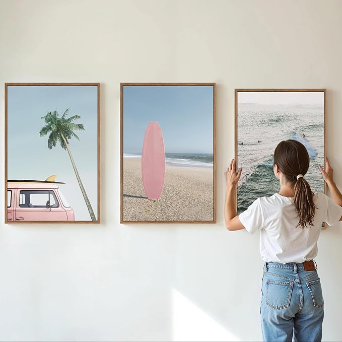 Tinonedraw Large Ocean Beach Framed Canvas Wall Art, Summer Coastal Surfboard Wall Decor, Palm Tree Pink Car Artwork, Modern Surfing Seascape Art Prints for Living Room Bedroom Office 16"x24"x3-Ruum Studio Home