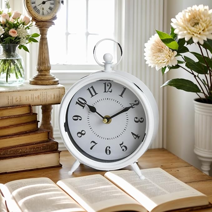 Small white table clock Vintage Rustic White Table Clock on Stand, Decorative Desk and Shelf Clock Farmhouse Mantel Clock Rustic Non-Ticking Clock-Ruum Studio Home