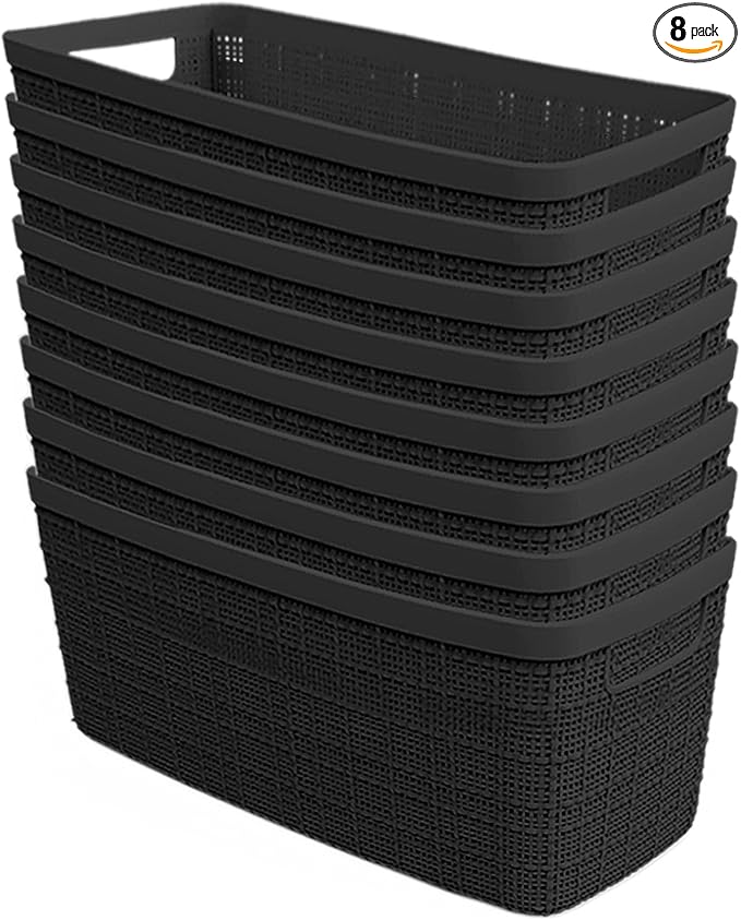 Curver Set of 8 Jute Slim Decorative Plastic Organization and Storage Baskets, Perfect Bins for Home Office, Closet Shelves, Kitchen Pantry and All Bedroom Essentials, Black-Ruum Studio Home