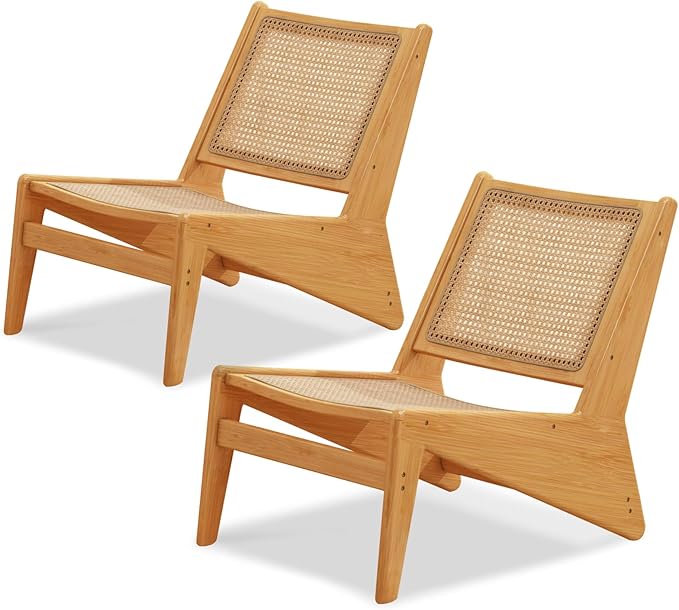 Rattan Chair 2Pcs, Mid Century Modern Accent Chair, Leisurely Reading Chair for Living Room（Wood）-Ruum Studio Home