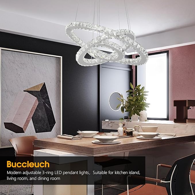 Buccleuch LED Crystal Chandeliers, Dimmable LED Pendant Light Fixture 3-Ring Adjustable Stainless Steel Ceiling Light, Silver Crystal Chandeliers for Dining Room, Bedroom, Living Room - ETL Listed-Ruum Studio Home