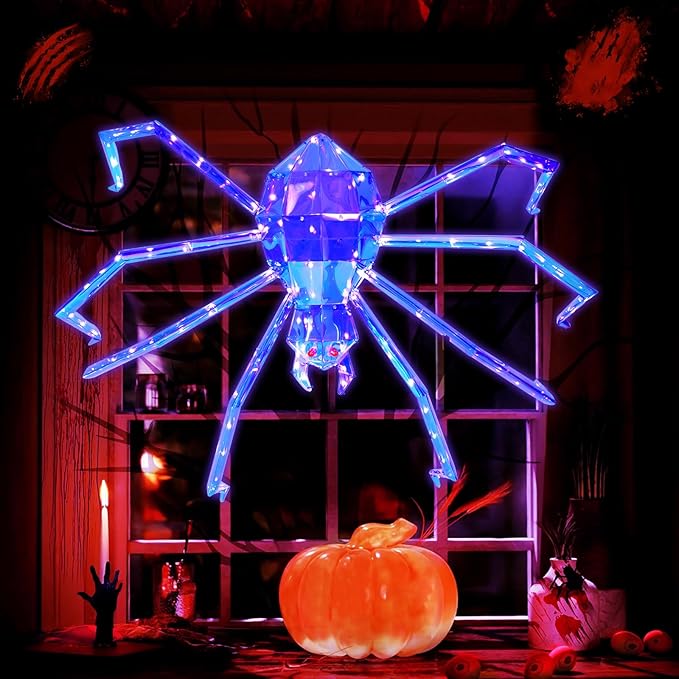 Prismatic Iridescent Giant Spider, 52" Pre-lit Large Outdoor Scary Prismatic Spider Decorations for Halloween 140 LED Light Up Giant Spider Outdoor Halloween Decorations for Garden, Yard, Porch-Ruum Studio Home