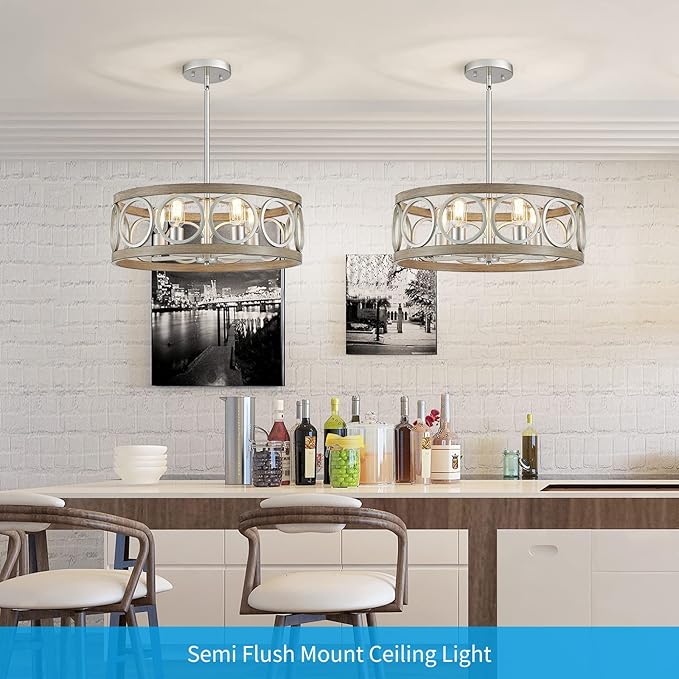 XINGQI 21.7'' Modern Farmhouse Chandelier Drum Pendant Lighting Fixture Hanging Ceiling Lamp for Living Dining Room Over Table, 5 Lights Antique Wood Grain Brushed Nickel with Round Metal-Ruum Studio Home